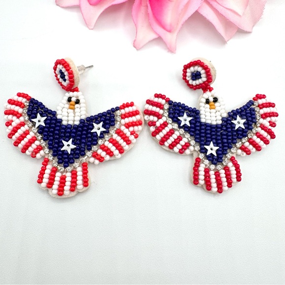 Fashion Jewelry Jewelry - Beaded Patriotic Eagle Earrings Red White Blue USA America Political Symbol Bird